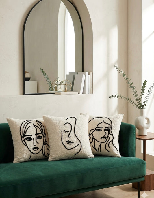 Light Yellow Lambswool Embroidered Cushion Cover 45x45 cm – Luxury Abstract Art Pillowcase | Soft Plush Decorative Throw Pillow for Sofa & Living Room