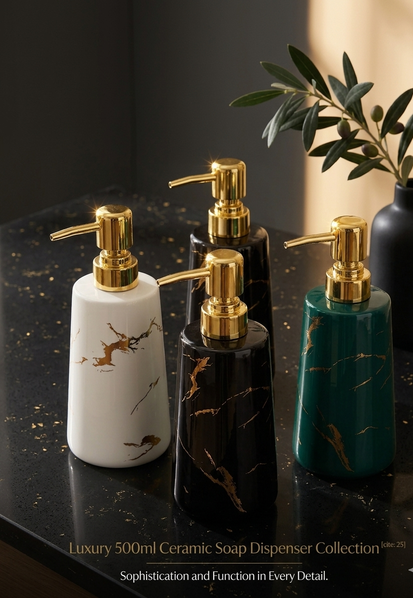500ml Luxury Ceramic Soap Dispenser – Stylish Refillable Hand Wash Bottle | Durable Pump for Bathroom, Kitchen & Hotel Countertops (Model 26H0127)
