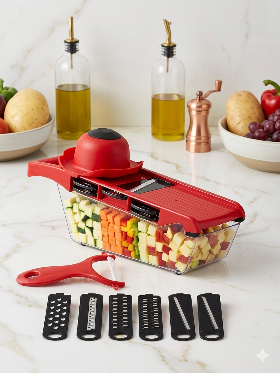 Multifunctional Vegetable Cutter & Fruit Chopper Set – Stainless Steel Slicer, Peeler & Potato Grater | All-in-One Kitchen Prep Tool (Model 230328)