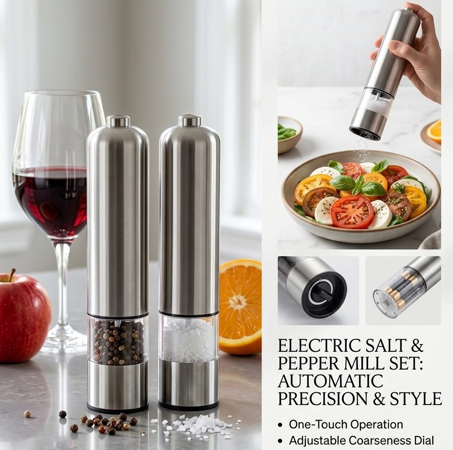 Electric Salt & Pepper Grinder Set – Stainless Steel Automatic Mills with Adjustable Coarseness | One-Touch Spice Dispenser