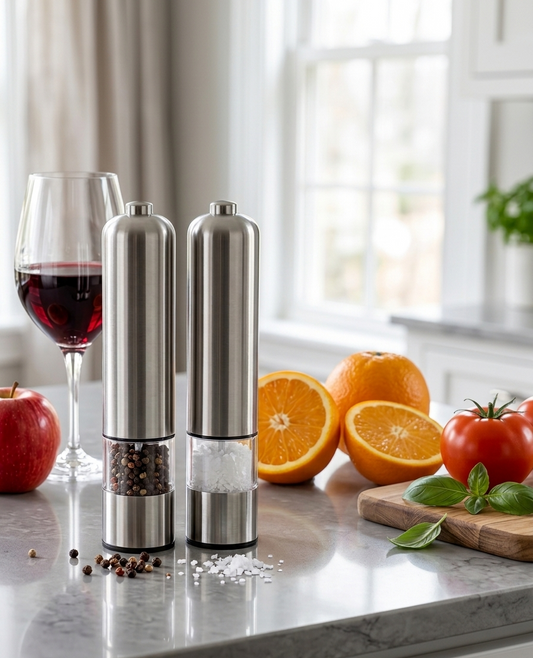 Electric Salt & Pepper Grinder Set – Stainless Steel Automatic Mills with Adjustable Coarseness | One-Touch Spice Dispenser