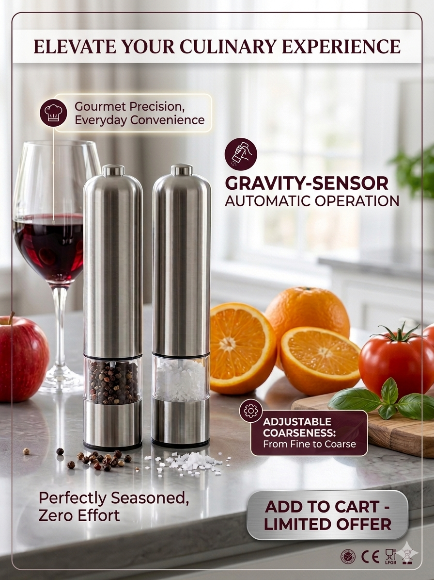 Electric Salt & Pepper Grinder Set – Stainless Steel Automatic Mills with Adjustable Coarseness | One-Touch Spice Dispenser