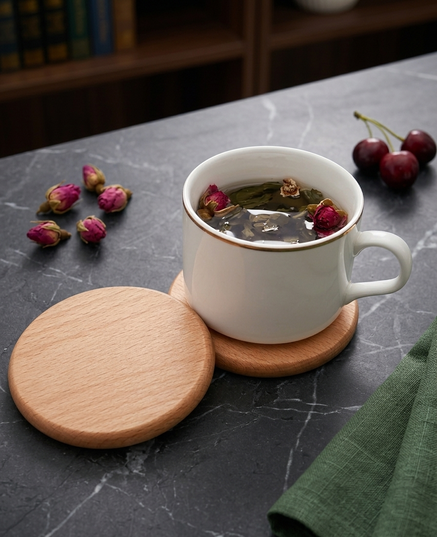 Round Wooden Tea Cup Holder – Premium Beech Wood Insulation Pad (Style D) | Heat-Resistant Cup Coaster | Elegant Table Protection