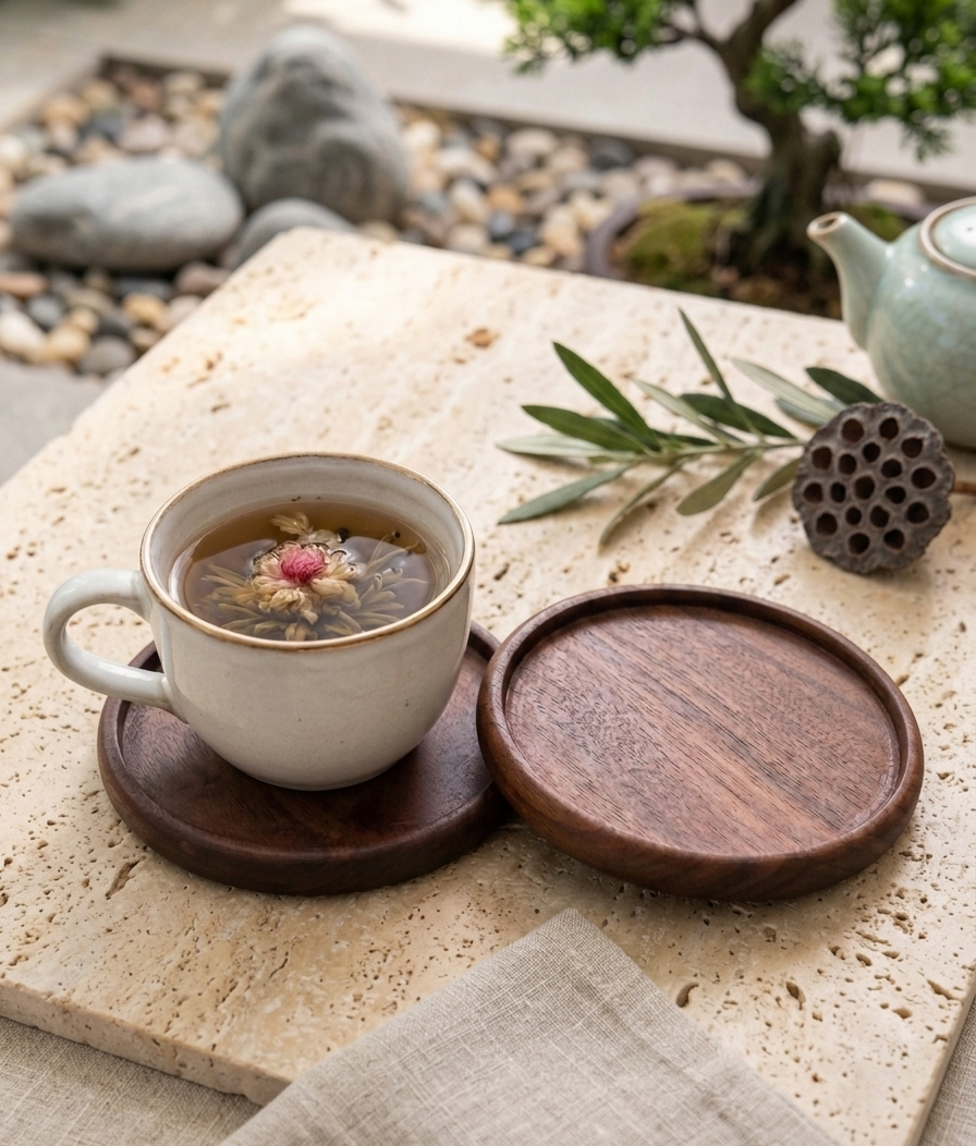 Round Wooden Tea Cup Holder – Premium Beech Wood Insulation Pad (Style D) | Heat-Resistant Cup Coaster | Elegant Table Protection