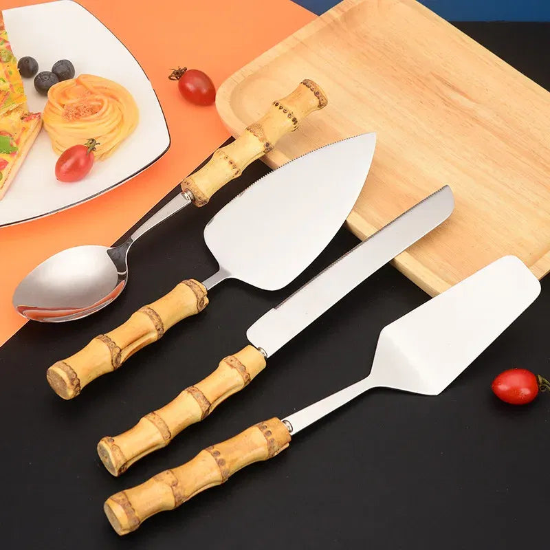 Light Green Bamboo Pizza & Cake Server Set – Stainless Steel Cheese Slicer, Butter Knife & Triangular Spatula | Elegant Multi-Use Kitchen Tool Set
