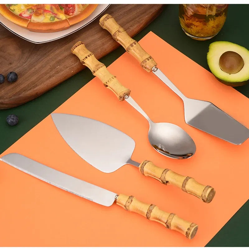 Light Yellow Bamboo Handle Pizza & Cake Server Set – Stainless Steel Triangular Spatula, Cheese Slicer & Butter Knife | Elegant Multi-Use Serving Tools