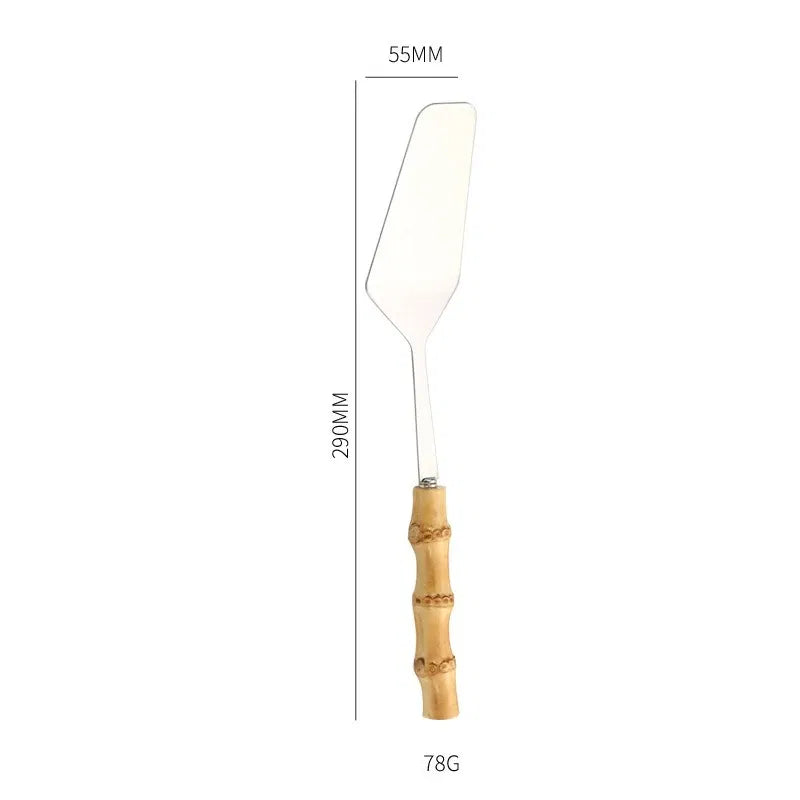 Light Yellow Bamboo Handle Pizza & Cake Server Set – Stainless Steel Triangular Spatula, Cheese Slicer & Butter Knife | Elegant Multi-Use Serving Tools