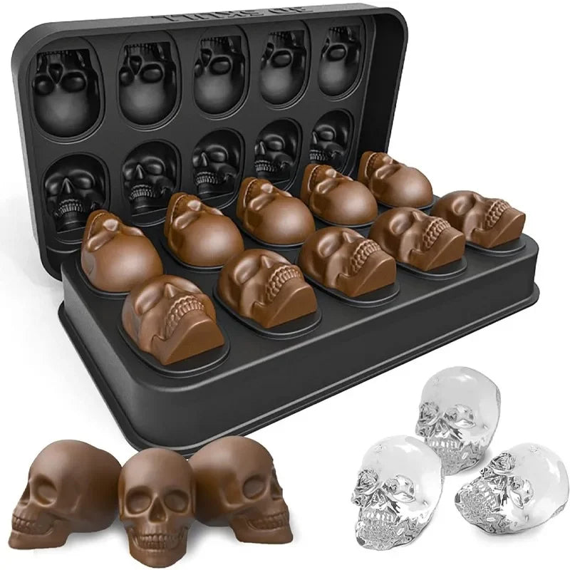 3D Skull Chocolate Silicone Mold (10 Cavities) – Halloween Skeleton Head Candy, Ice Cube & Cake Decoration Tray | Flexible, Non-Stick Baking Mold