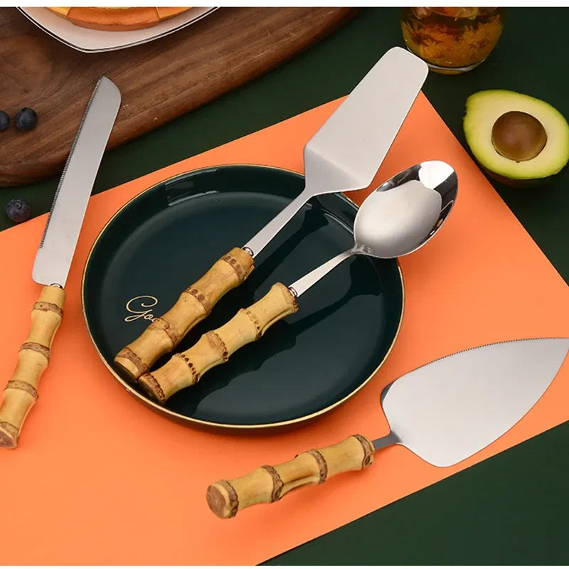 Light Yellow Bamboo Handle Pizza & Cake Server Set – Stainless Steel Triangular Spatula, Cheese Slicer & Butter Knife | Elegant Multi-Use Serving Tools