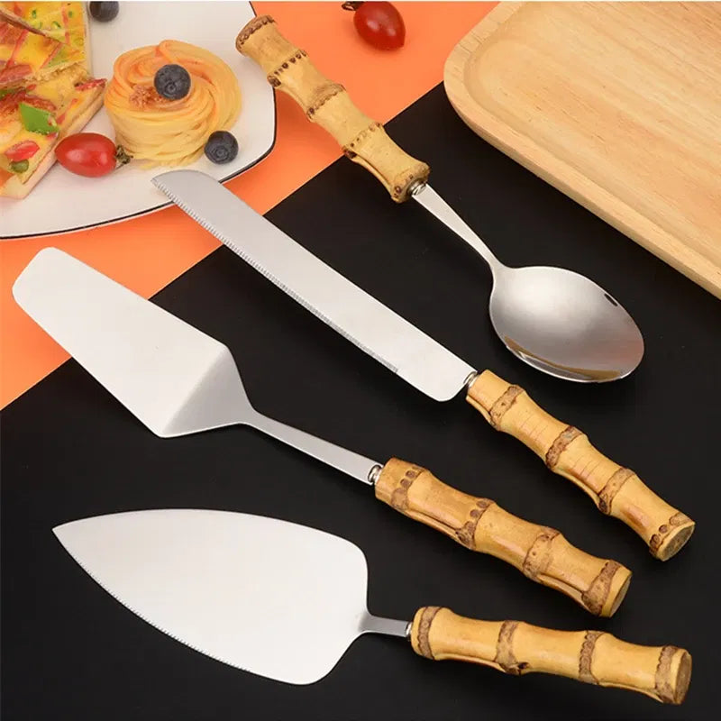 Light Yellow Bamboo Handle Pizza & Cake Server Set – Stainless Steel Triangular Spatula, Cheese Slicer & Butter Knife | Elegant Multi-Use Serving Tools
