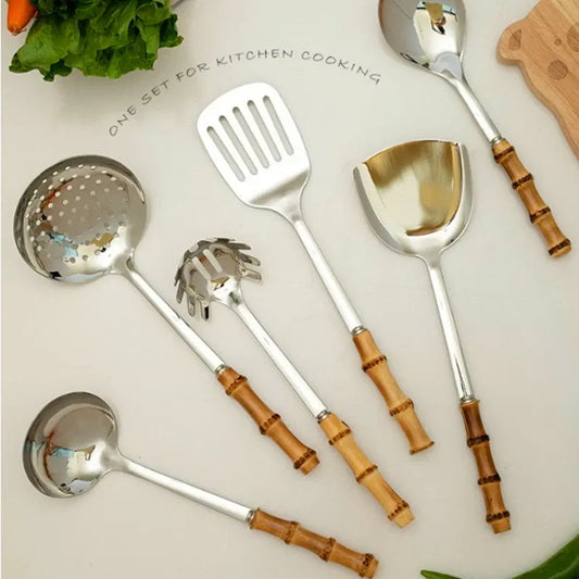 Light Yellow Bamboo Handle Pizza & Cake Server Set – Stainless Steel Triangular Spatula, Cheese Slicer & Butter Knife | Elegant Multi-Use Serving Tools