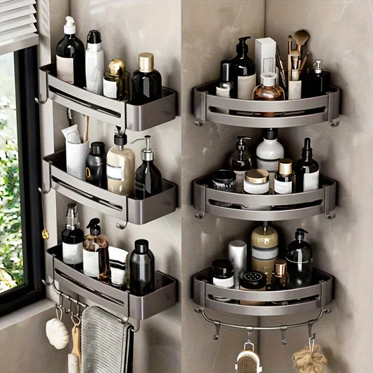 Clear Bathroom Corner Rack | No-Drill Wall Mounted Aluminum Shower Shelf with Hook Rod | Waterproof, Rustproof Organizer for Shampoo & Essentials