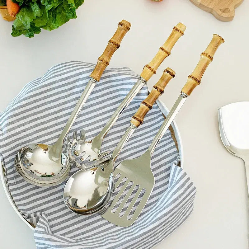 Light Yellow Bamboo Handle Pizza & Cake Server Set – Stainless Steel Triangular Spatula, Cheese Slicer & Butter Knife | Elegant Multi-Use Serving Tools