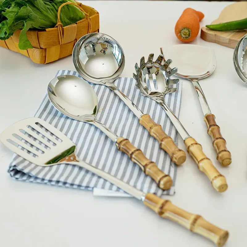 Light Yellow Bamboo Handle Pizza & Cake Server Set – Stainless Steel Triangular Spatula, Cheese Slicer & Butter Knife | Elegant Multi-Use Serving Tools